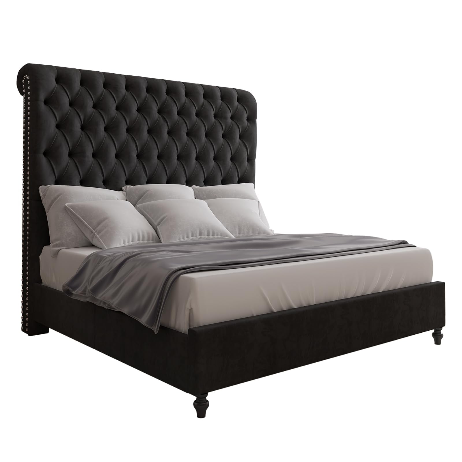 Merluxy King Bed Frame for Adult,60" Sleigh Headbord with Deep Button Tufting,Velvet Black