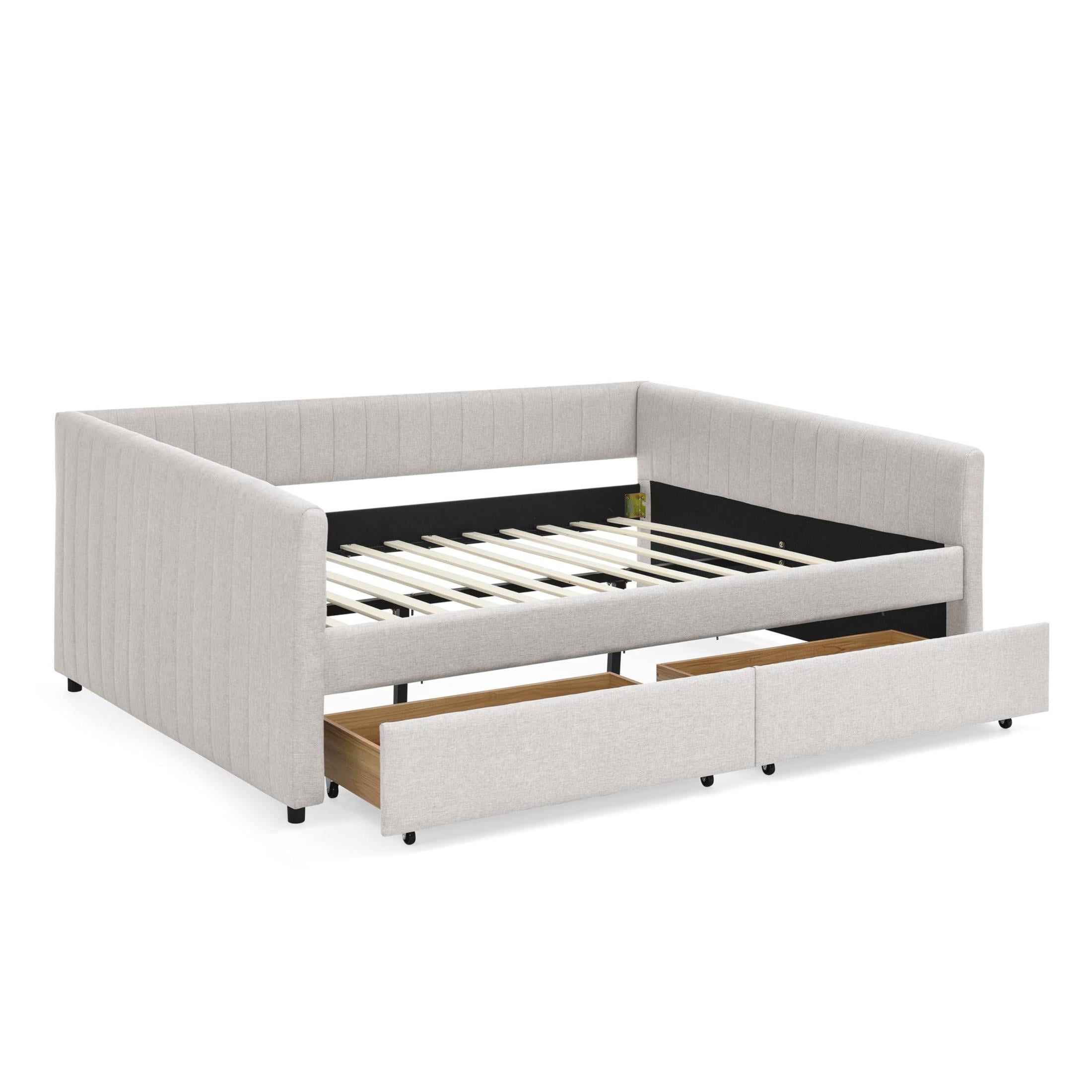 Noble House Solley Queen Size Daybed with Vertical Stripes & Storage Drawers, Linen Upholstered Sofa Bed, Beige