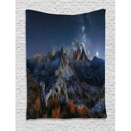 Night Tapestry, Dolomites Italy Alps Mountain Landscape with Starry Night Sky Milky Way, Wall Hanging for Bedroom Living Room Dorm Decor, Dark Blue Redwood Tan, by (Best Way To Get A Dark Tan In The Sun)
