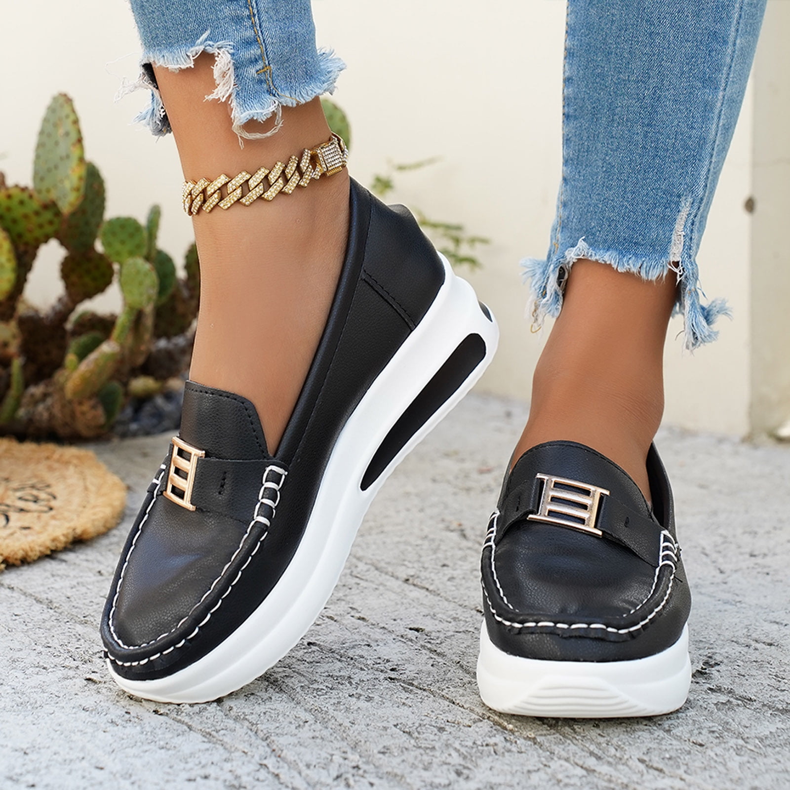 Rokment Women's Platform Wedge Walking Shoes Low Top Fashion Sneakers 2026 Spring Fall Leather Chunky High Heel Slip-on Nursing Work Loafers Black Size 8.5