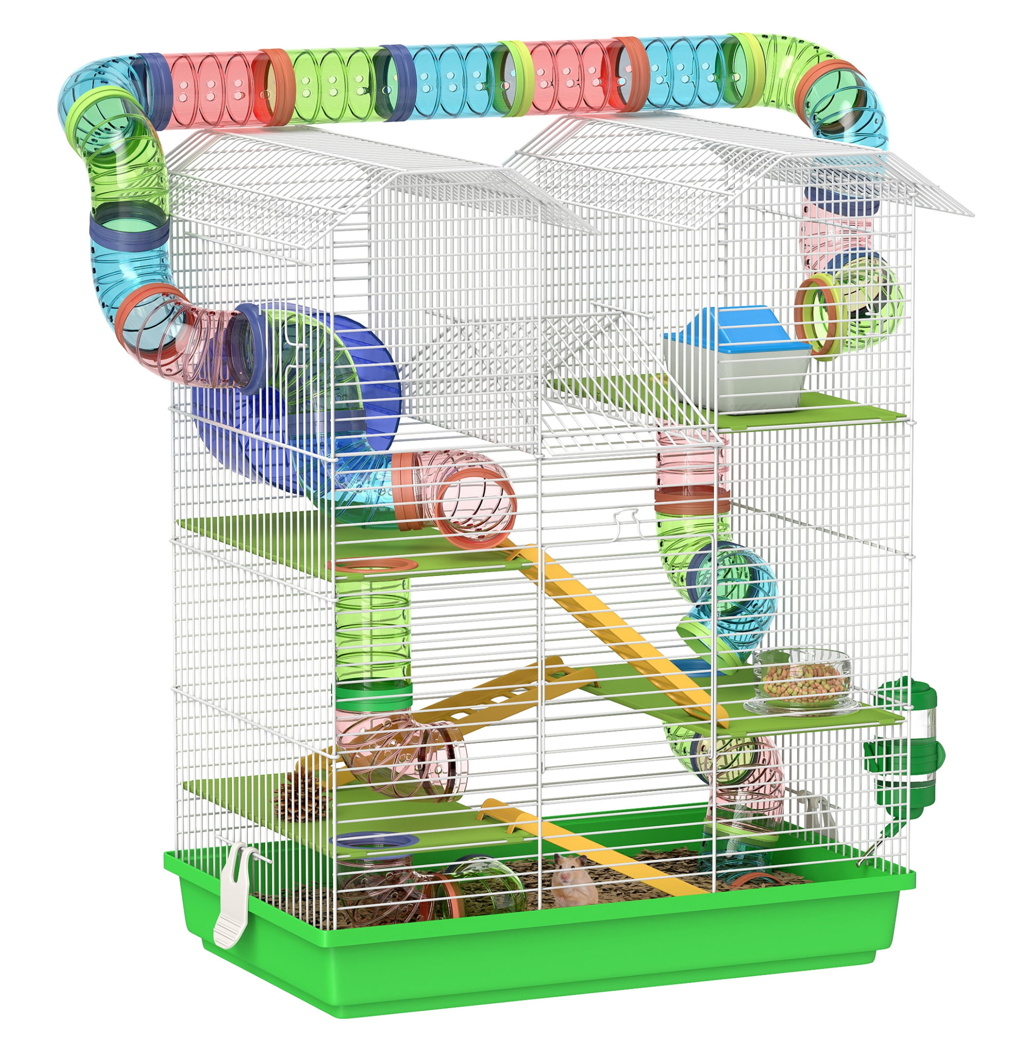Hamster Cage 5 Tier with Tubes & Wheel, Small Animal Cage for Gerbil Rats, 18.5 Inch Green Habitat