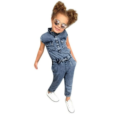 

QWERTYU Infant Baby Toddler Child Denim Drawstring Romper for Girl Boy Short Sleeve Jumpsuit 18M-5Y