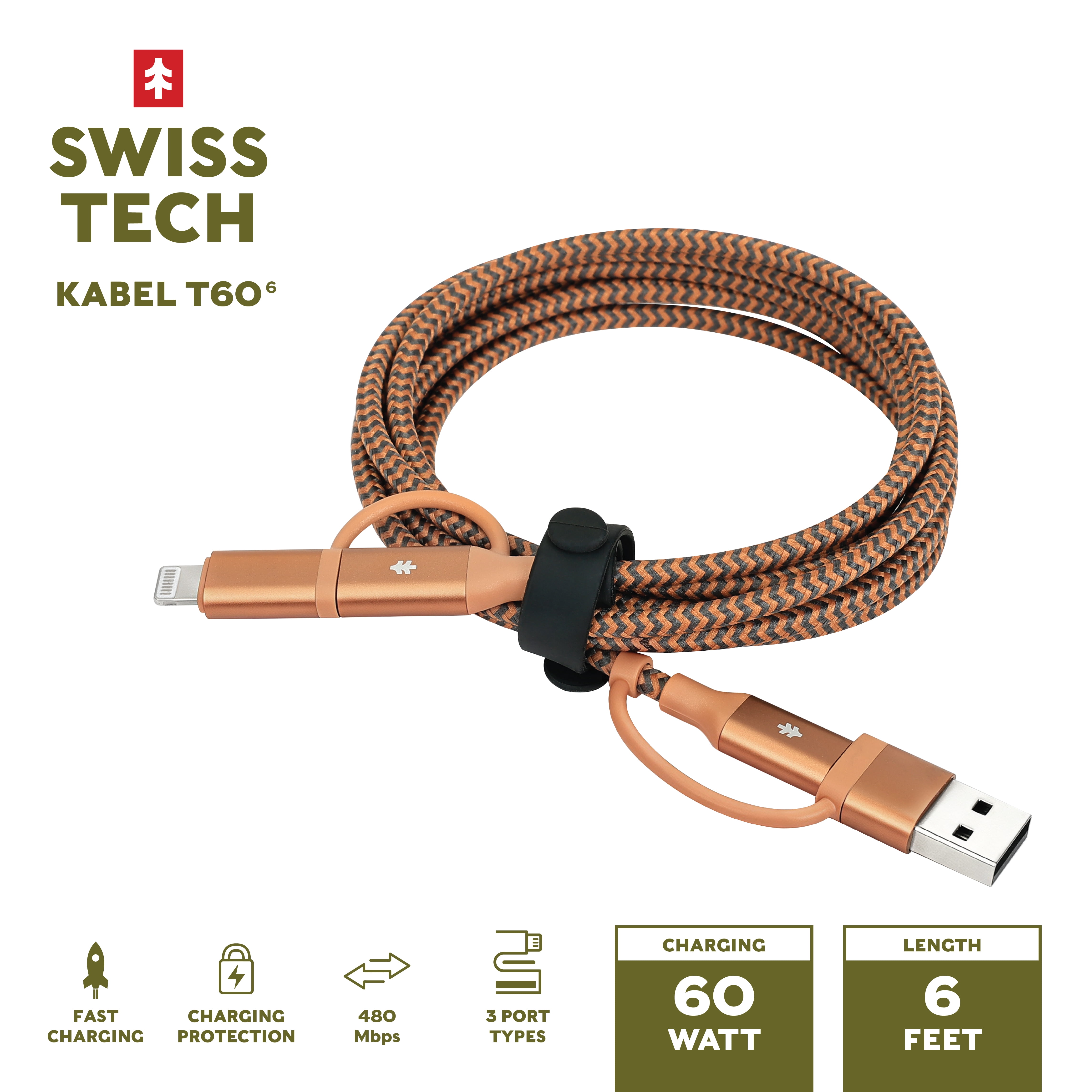 Swiss Tech Kabel T60 6 ft 60W 4-in-2 USB-C to USB-C/Lightning Charging Cable, Terra Orange