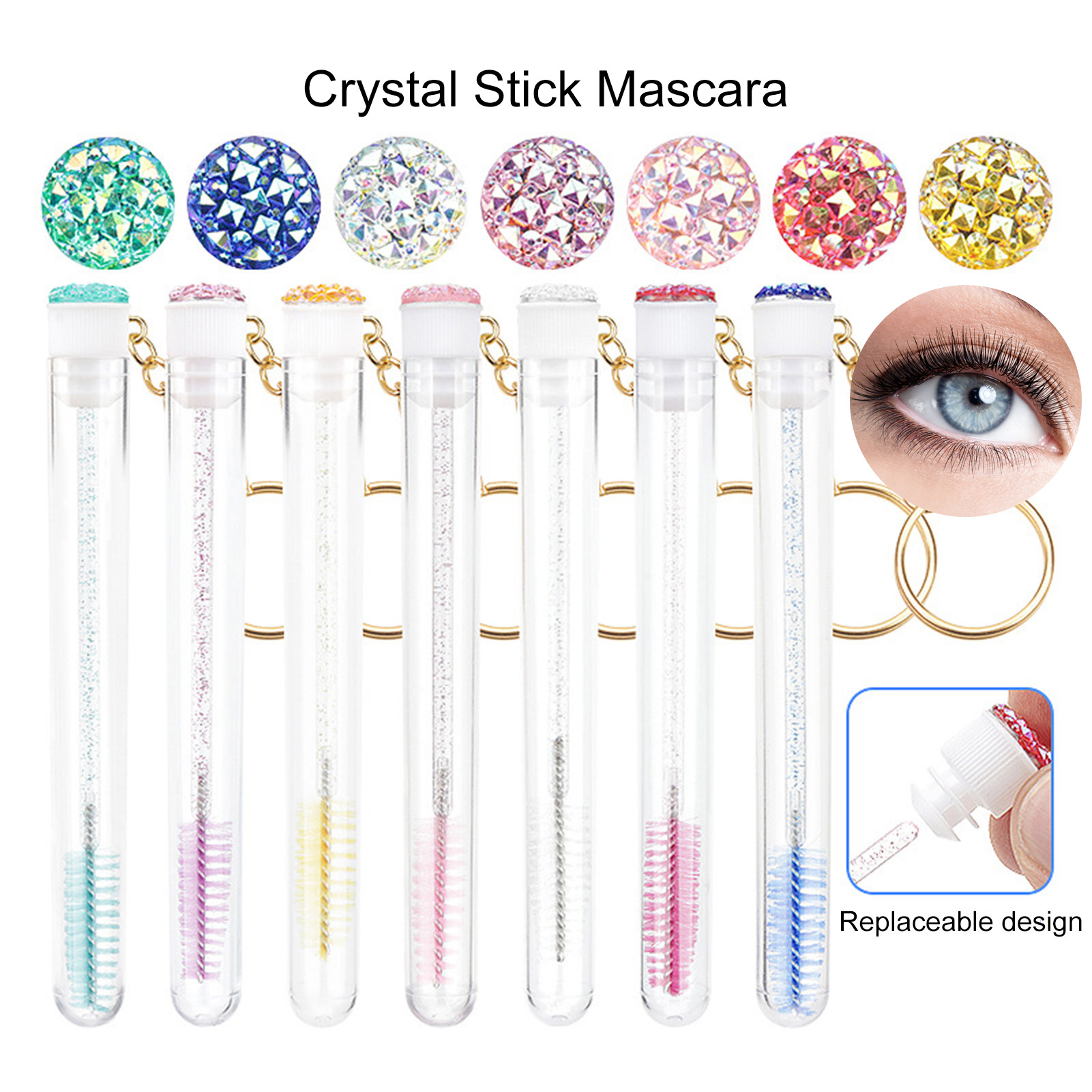 GoFJ 10Pcs Eyelash Brush Replaceable Design Faux Crystal Rod Grafting