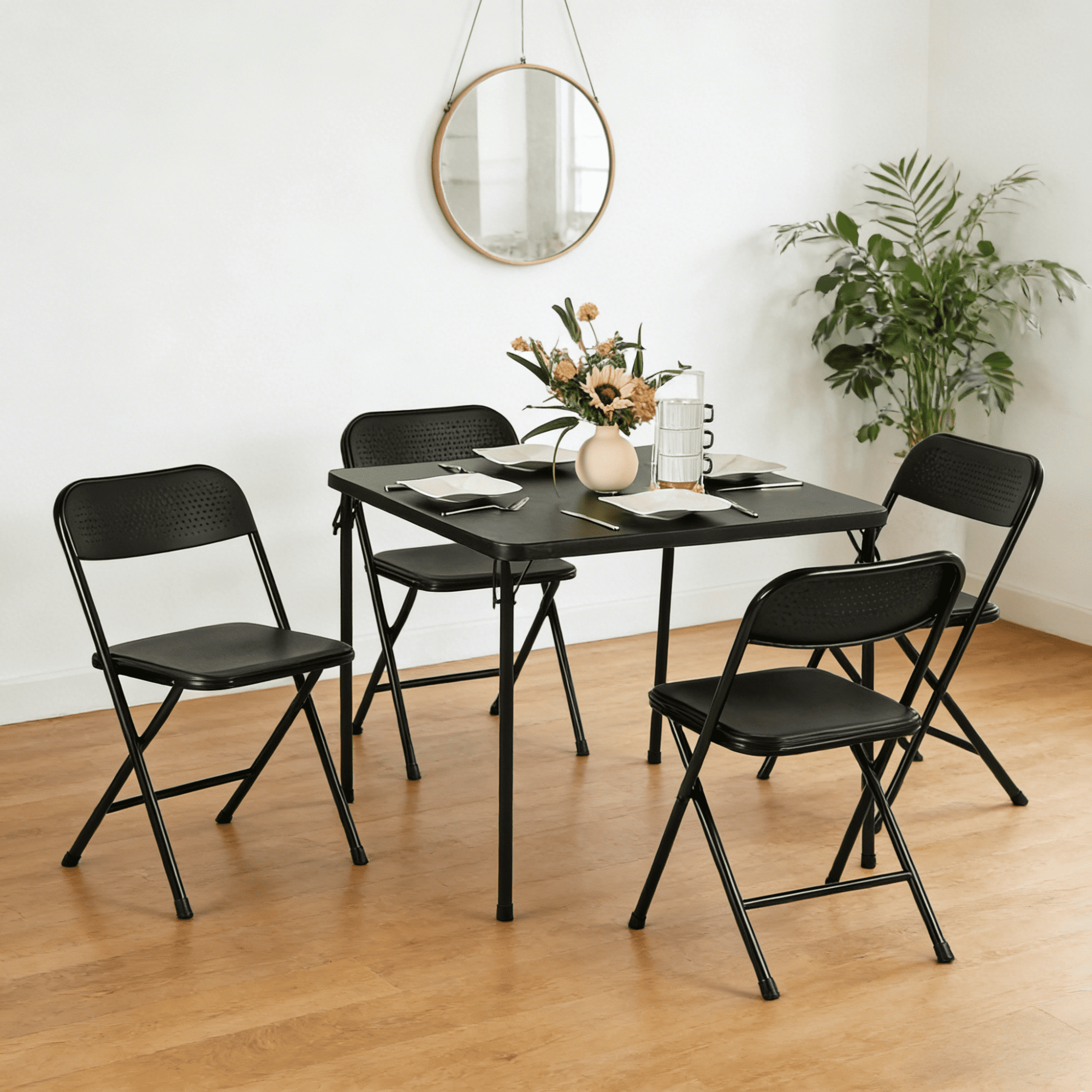 Gewnee 34 Inch Square Folding Table,No Assembly Portable Table,PVC Top with Metal Frame for Dining Room, Living Room, Office & Camping,Black