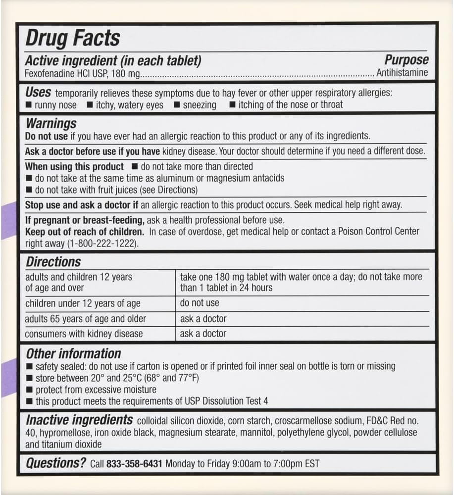 Foster & Thrive 24 Hour Allergy Relief, Non-Drowsy, All Day Rellief of Indoor & Outdoor Allergies, Fexofenadine Hydrochloride 70 Tablets, 180 mg Expire 8/2025