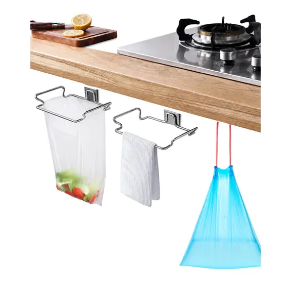 2 Pack Over the Cabinet Metal Wire Portable Trash Bag Holder, Hanging Grocery Plastic Bag Rack with Bonus 1 Roll Thick Puncture Resistant Drawstring Garbage Bags, Under Sink Bag Organizer for Kitchen