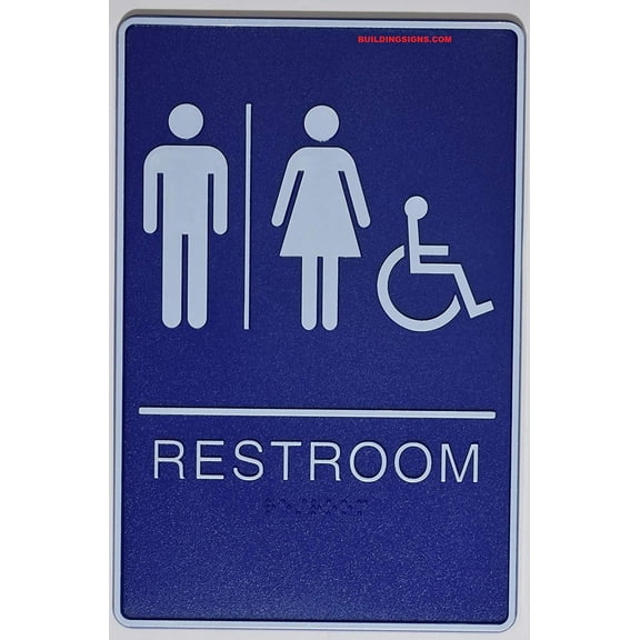 Wheelchair Accessible Restroom Sign with Tactile Graphic (Blue,6x9 Comes with Double Sided Tape)- The deep Blue line