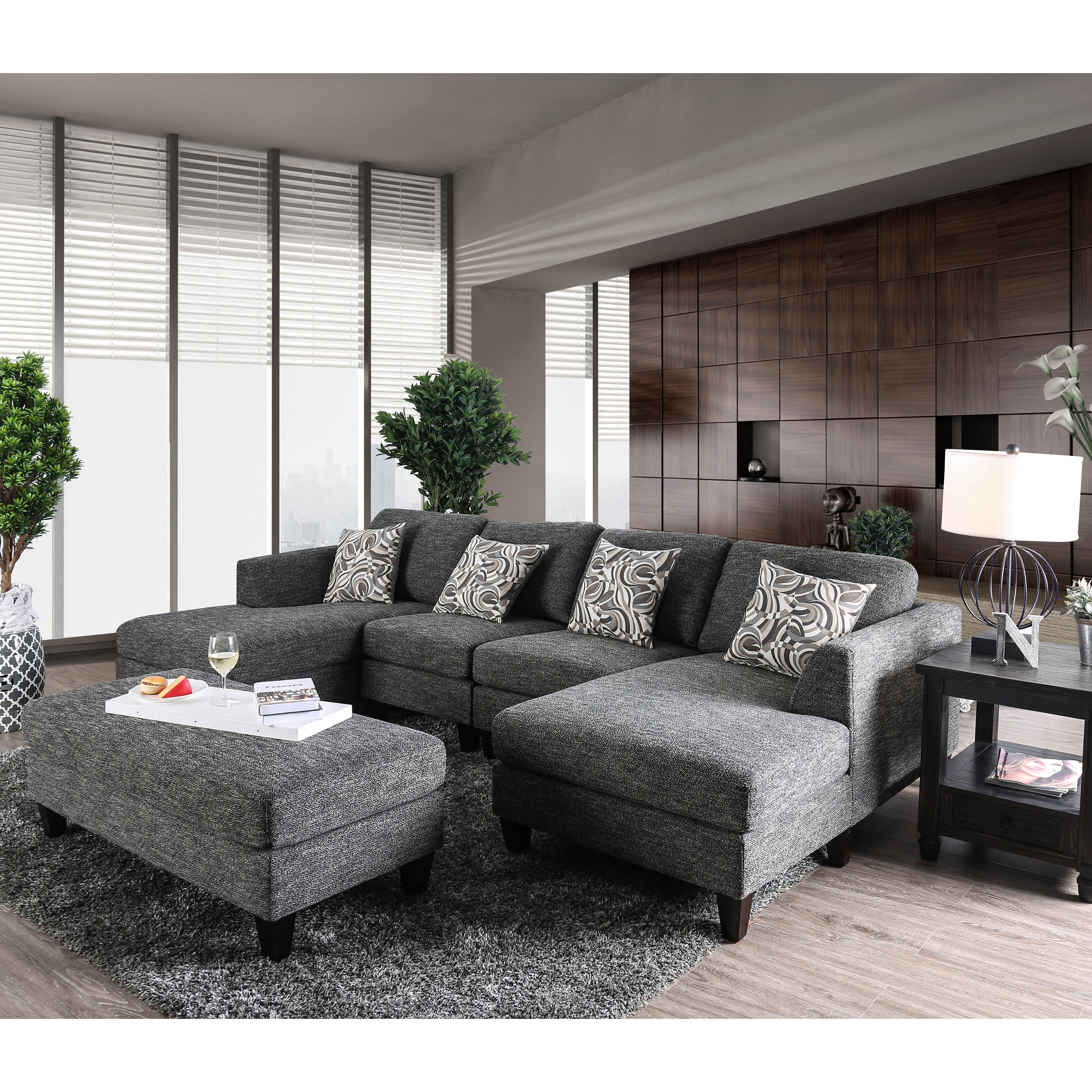 Furniture of America Daniel Sectional Sofa for 4 in Faux Linen Gray