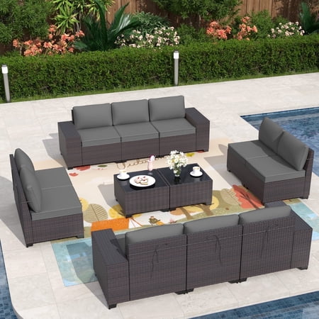 ALAULM 12 Pieces Outdoor Patio Furniture Set Brown PE Rattan Sectional Patio Conversation Set with Gray Seat Cushions and 2 Coffee Tables