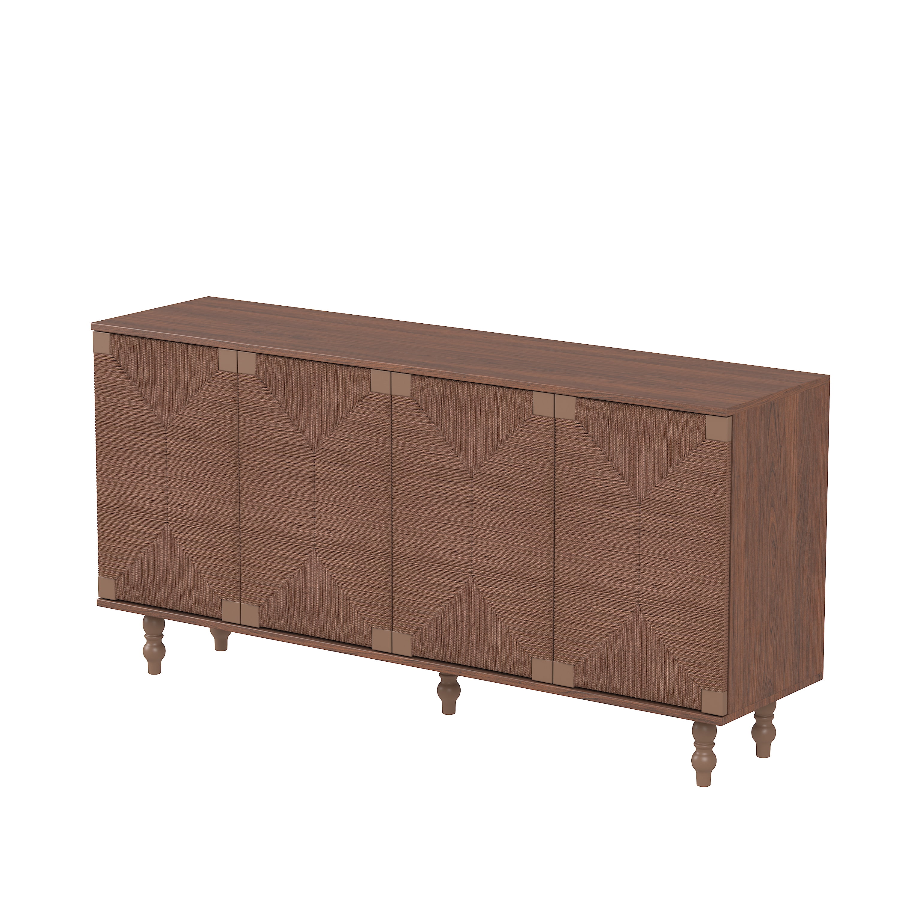 GARITIN Sideboard Buffet Cabinet, Accent Storage Wood TV Stand with Wire-Brushed Seagrass Doors, 4-Compartment Cabinet for Hallway Entryway Dining Room, Brown