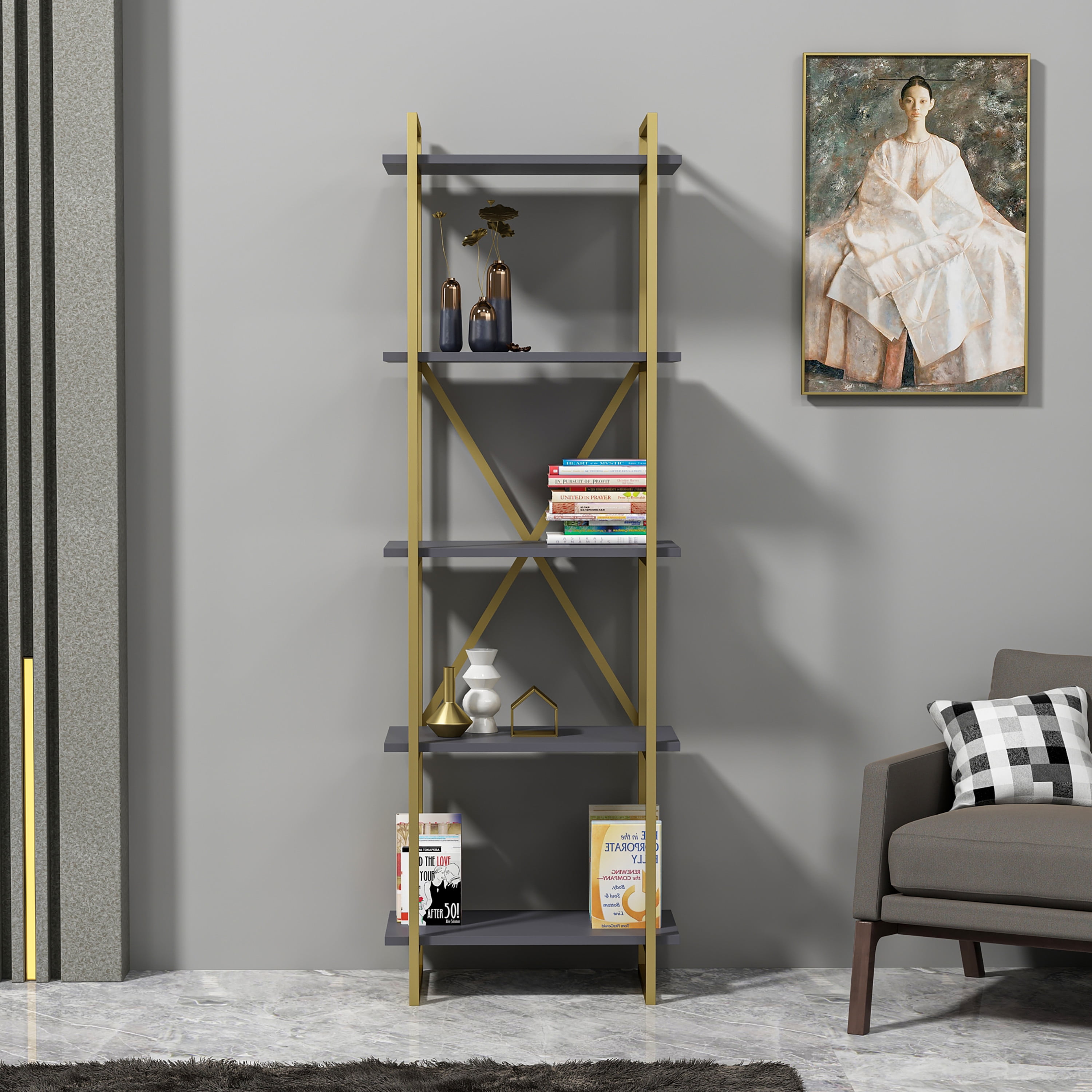 Ada Home Décor Elston 4 Tier Shelf Bookcase, Gold/Anthracite