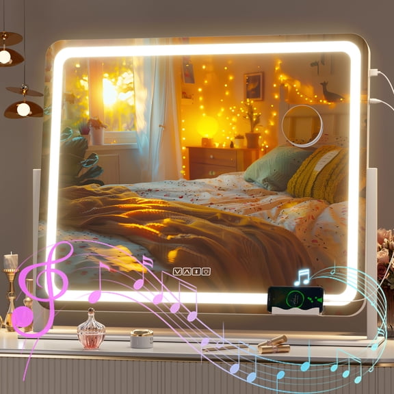 Vanity Mirror with Lights and Bluetooth Speaker, 23.6" x 19.7" LED Makeup Mirror, Light up Mirror with 10X Magnification, USB Charging Port, Smart Touch 3 Colors Dimmable White)