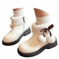 thumbnail image 3 of Ticikt Girls Pom Pom Bow Ankle Boots, Fuzzy Side Zipper Low Heel Cute Winter Leather Short Boots,White, 3 of 9