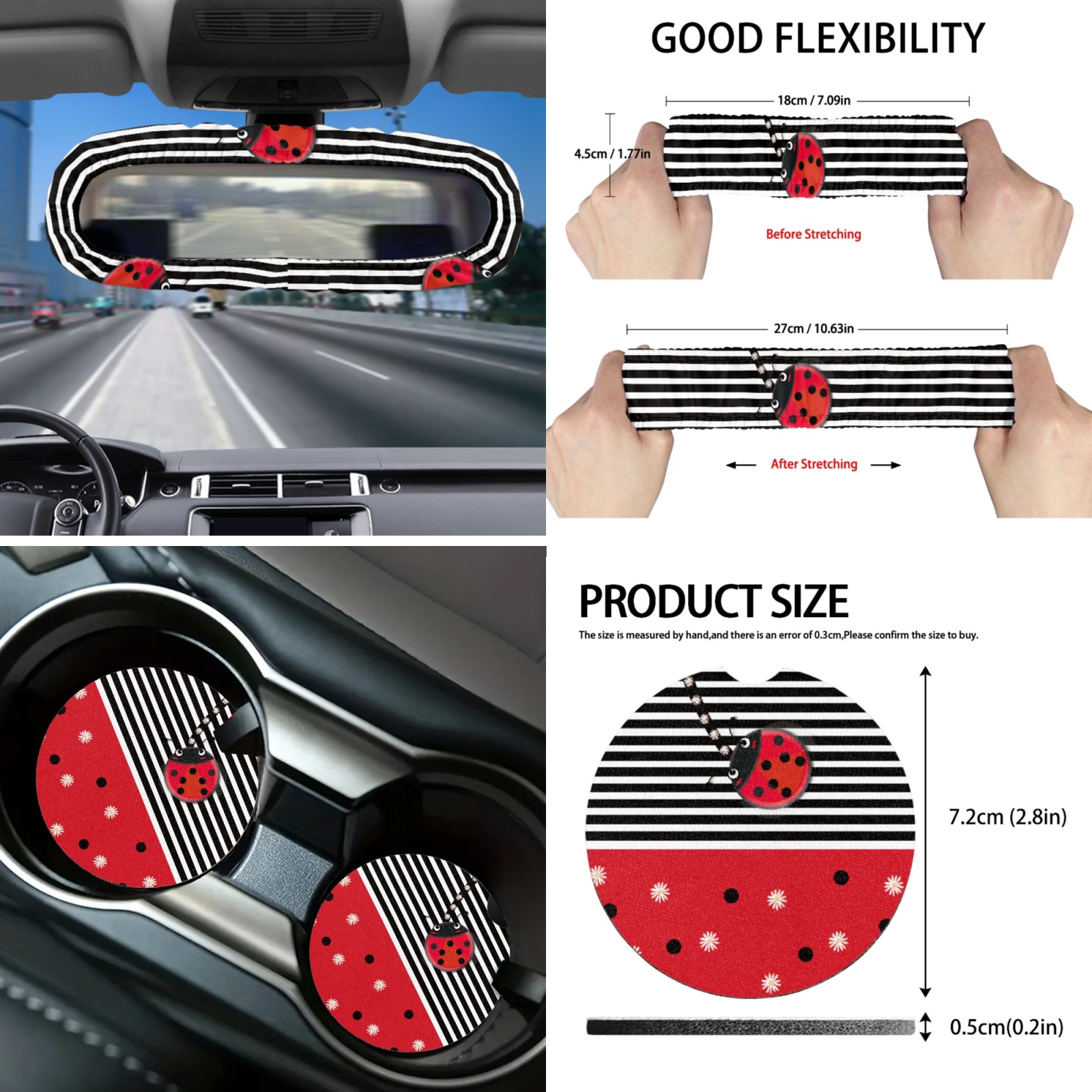 Yuyamidu Ladybug Car Seat Covers Set of 16 Cute Steering Wheel Cover Seat Belt Covers Handbrake Gear Shift Knob Cover Rear View Mirror Cover Cup Mat Keychain Sunshade for Car SUV Truck