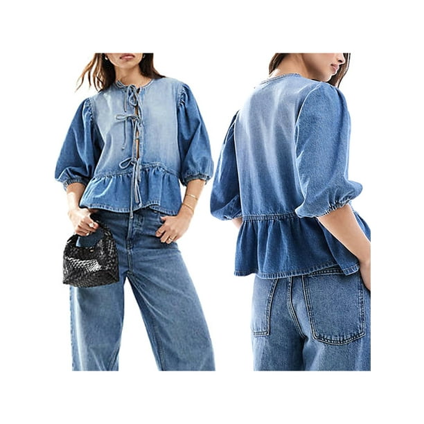 Blusa vaquera Tsseiatte para mujer, con lazo suelto en la parte delantera, mangas abullonadas, cuello redondo y dobladillo con volantes, para ropa de calle de verano