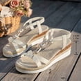 thumbnail image 4 of Womens Wedge Sandals Boho Beaded Espadrilles Elastic Ankle Strap Dressy Summer Beach Vacation Casual Footwear Beige Size 8, 4 of 6