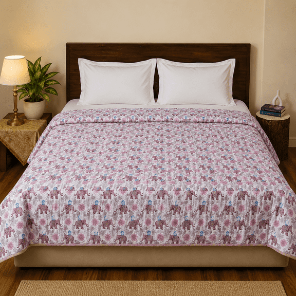 NATRIEL Jaipuri Cotton Double Bed Quilt, Hand Block and Screen Printed, Royal Elephant Bloom Comforter, for Summer and Winter