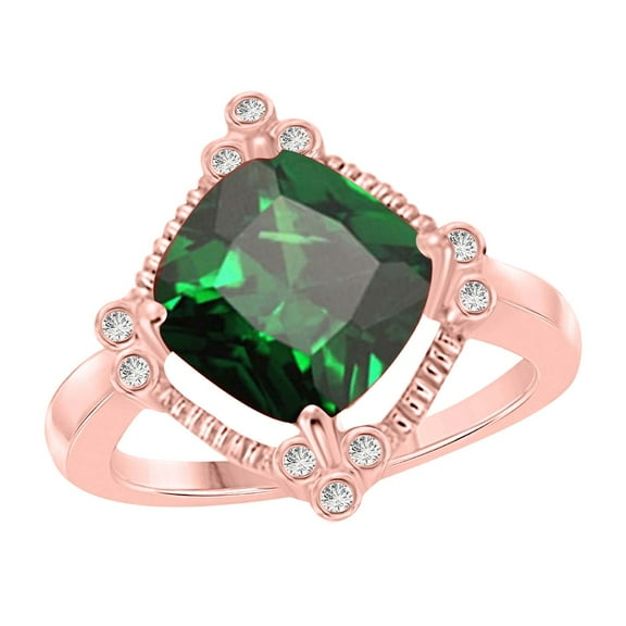 AoneJewelry 2.85 Carat Cushion Cut Emerald and Diamond Ring In 10K Solid Rose, White & Yellow Gold