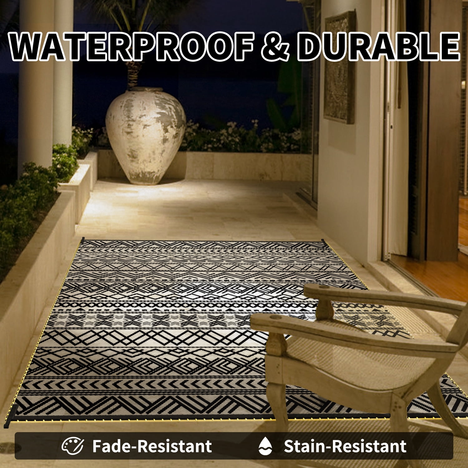SIXHOME Outdoor Rug with LED Strip Lights 8'x10' Waterproof Reversible Patio Rug Boho Geometric Indoor Outdoor Rugs Lightweight Plastic Straw Rug for RV Camping Deck Balcony Modern Porch Decor Black