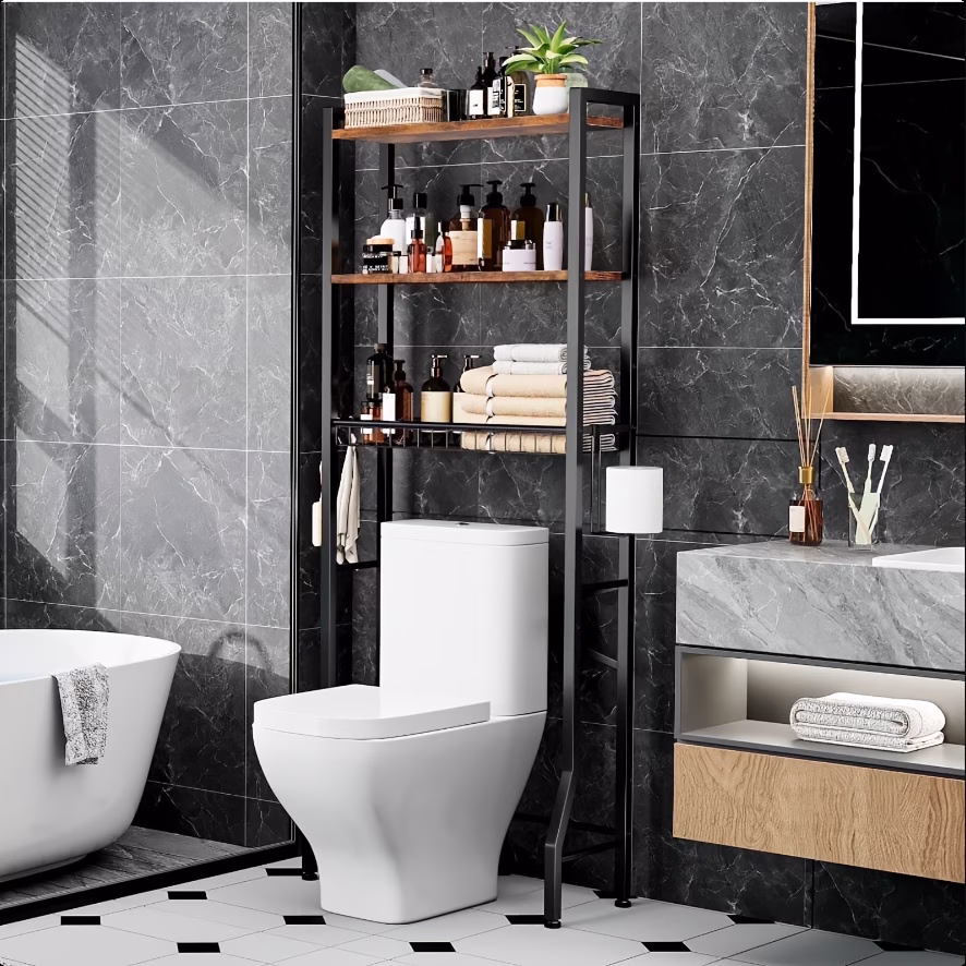 Over The Toilet Storage Rack 3 Tier Bathroom Organizer Shelf with Paper Holder and 3 Hooks Metal Shelves Over Toilet for Small Spaces Black