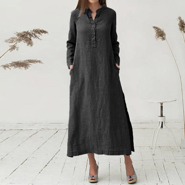 Pisexur Robe à Manches Longues à Col en V Mode Décontractée Col en V Boutonnée Robe en Coton et Lin à Manches Longues avec Poche Robes Longues Unies Robe pour Femmes en Liquidation