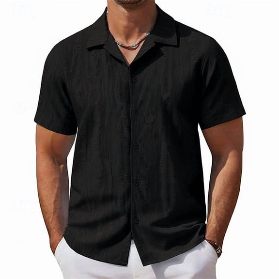 Domuza Floral Sheer Lace Shirt for Men Casual Button Down Short Sleeve Cuban Mesh Beach Shirts Black L