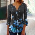 thumbnail image 2 of QATAINLAV Floral Tops for Women Summer Casual 3/4 Sleeve Boho Blouses Loose Fit Button V Neck Tunic Shirts Pleated Flare Sleeve Tshirts Blue XXL, 2 of 6