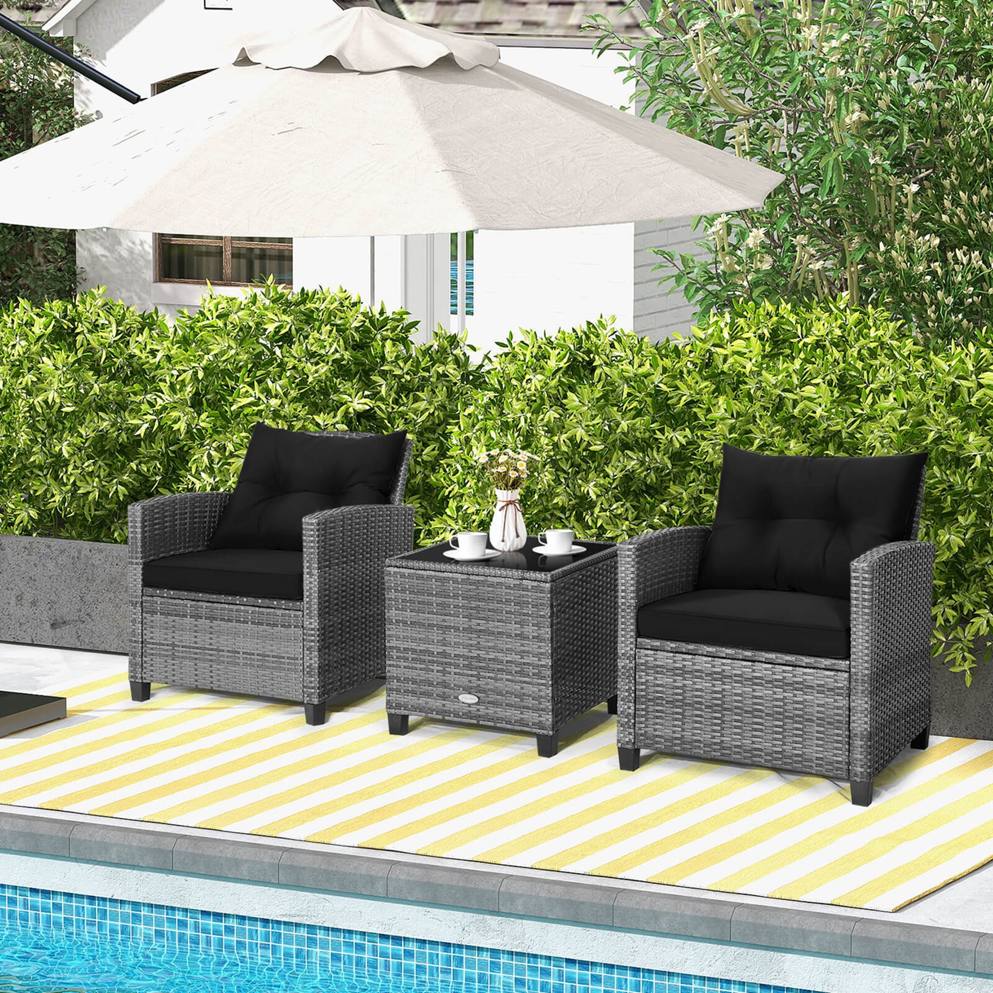 Costway Patio 3-Piece Rattan Bistro Set with Cushioned Sofas, Side Table, and Armrests, Black