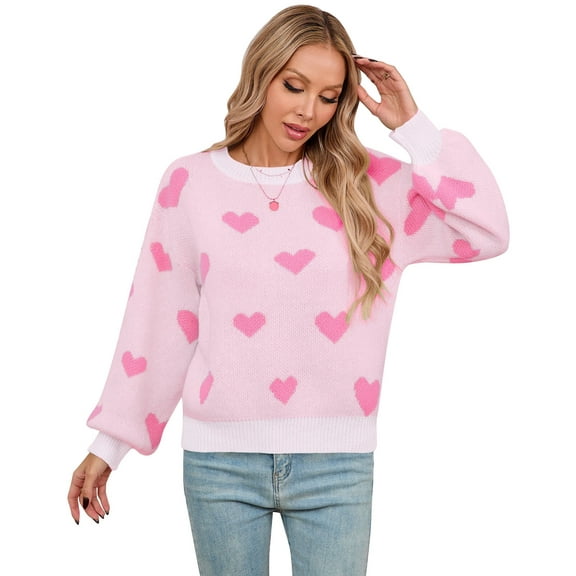 Women Sweaters Crewneck Cute Heart Valentine's Day Long Sleeve Knitted Sweaters Winter Pullover Sweaters Alsol Lamesa