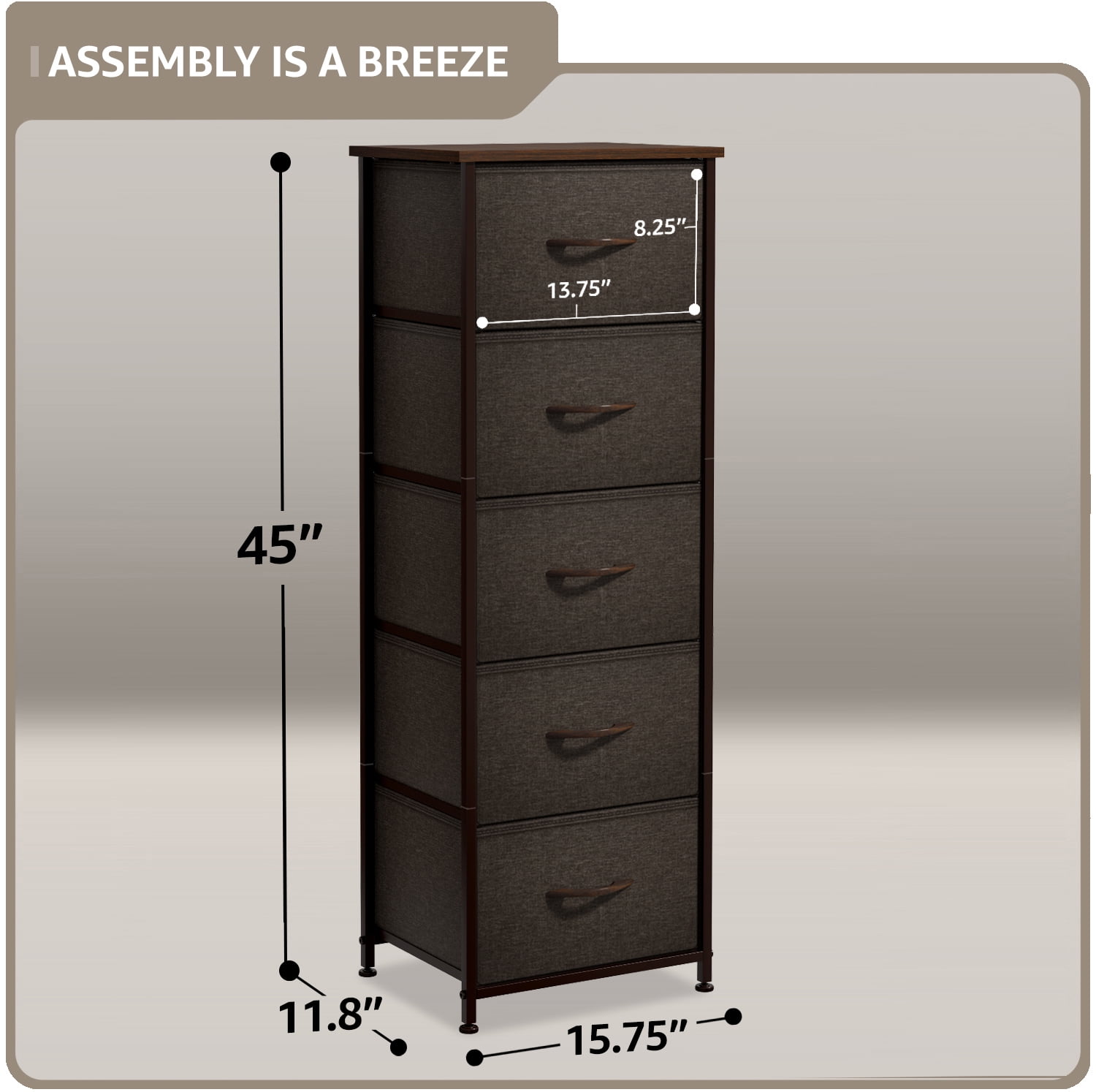 Sorbus Dresser Storage Tower, Organizer for Closet, Tall Dresser for Bedroom, Chest Drawer for Clothes, home office, Living Room, College Dorm, Steel Frame, Wood Top, Fabric, 5 Drawers