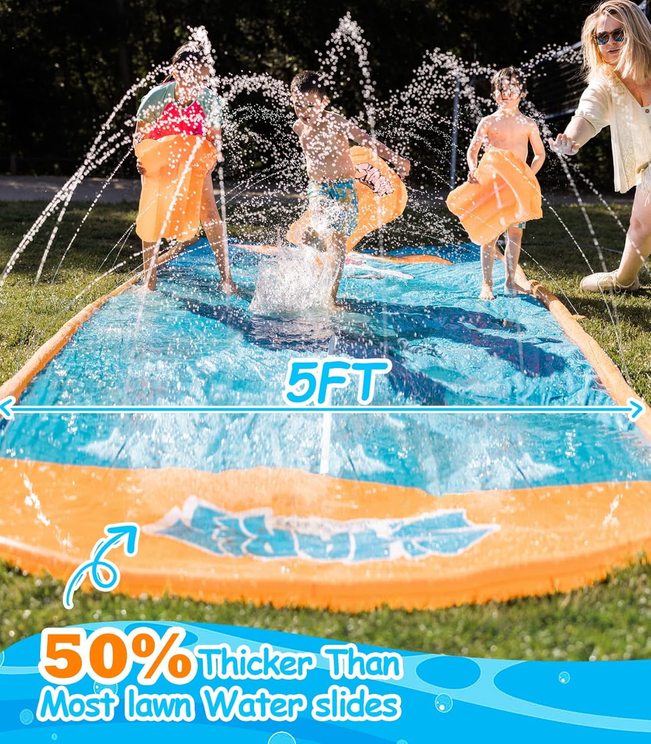 Slip Water Slide, 17ftx3 Lane Slip Water Slide for Kids Backyard Lawn,Summer Water Toys Outdoor Sprinkler with 3 Sliding Racing Lanes and 3 Inflatable Bodyboards