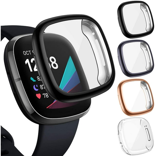 4-Pack Screen Protector Case Compatible with Fitbit Sense/Versa 3, Screen Protector TPU Protective Screen Cover Saver Bumper for Sense Smartwatch (Black/Charcoal/Rose Gold/Clear)