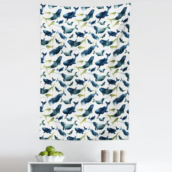 Narwhal Tapestry, Watercolor Whales of the Arctic Ocean Cachalot Orca Blue Whale Illustration, Fabric Wall Hanging Decor for Bedroom Living Room Dorm, 5 Sizes, Dark Blue Yellow, by Ambesonne