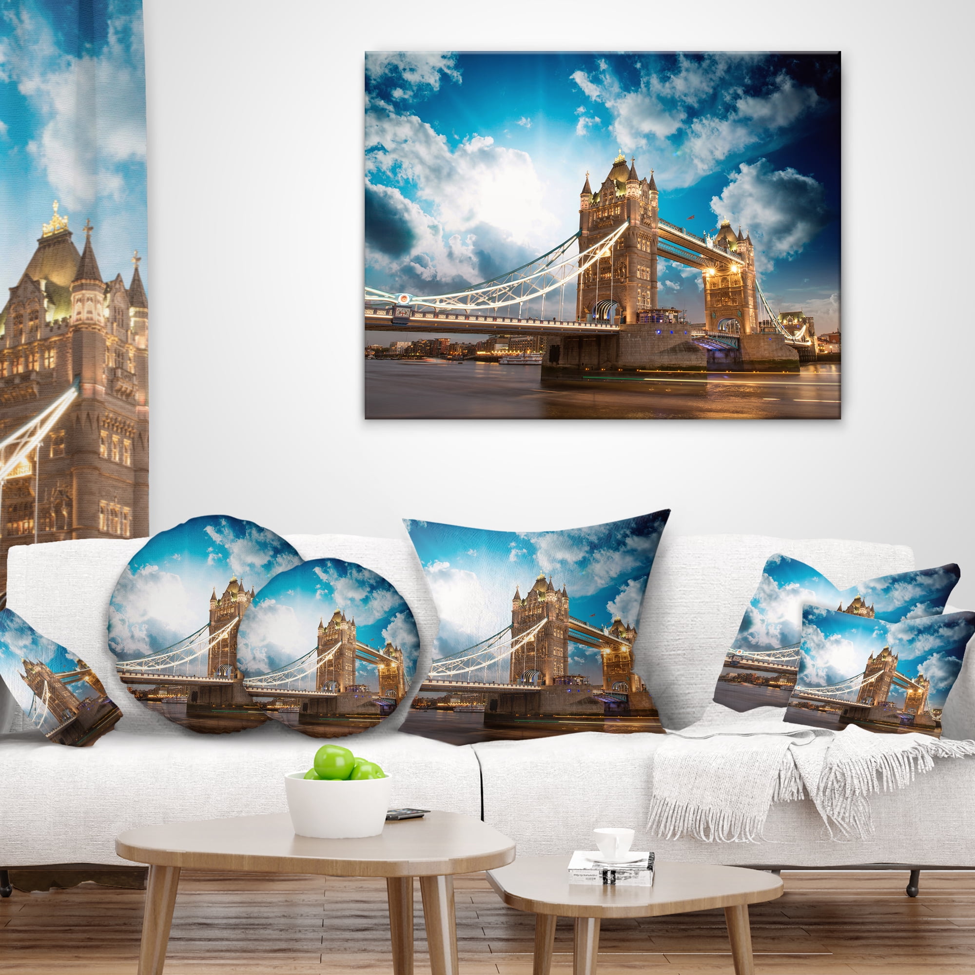 Designart Sunset Over Tower Bridge - Cityscape Photo Throw Pillow - 16x16