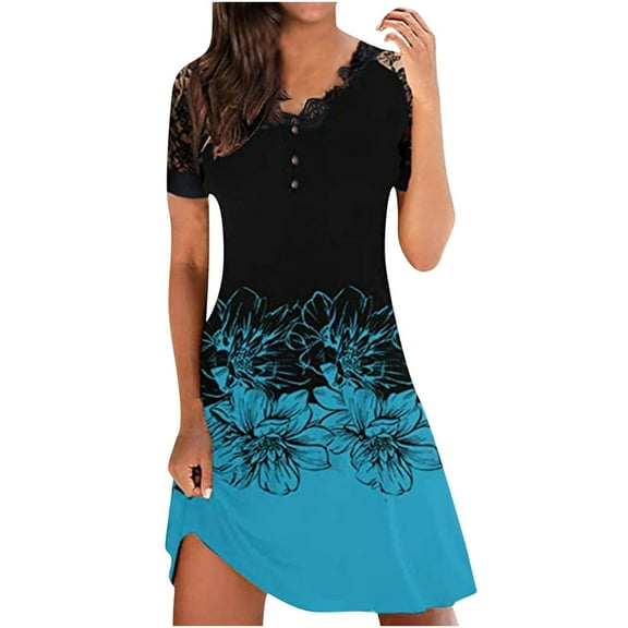 Babysbule Woman Summer Dresses Women's Fashion Short Sleeve Printing V-Neck Ladies Lace Dress