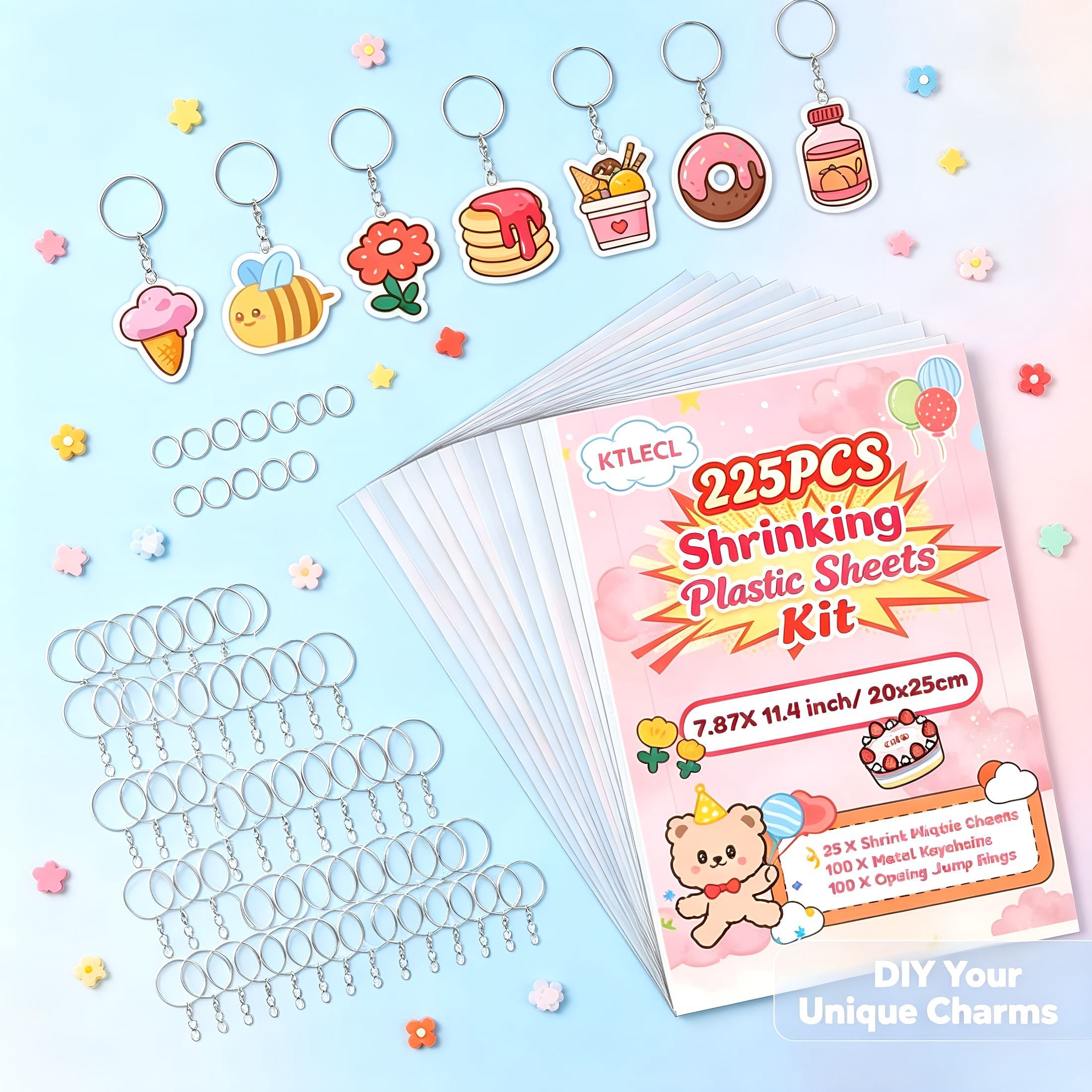 BESTSKY 225Pcs Shrinky Dink Kit for Kids,Shrinky Dink Sheets & Shrink Plastic Sheets Kit with 25 Paper (7.87 X 11.4In),Keychain Making Kit with 100 Keychains & Rings,Diy Crafts for Kids