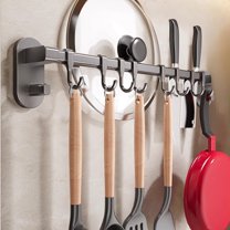Kitchen Hook Rack | Wall Mounted Aluminum Hanging Rod | No Drilling Storage Rack | Adjustable Multifunction Organizer | Black | 50/40/30cm | Space Saving Utensil Holder | 1 Hook Rack Included