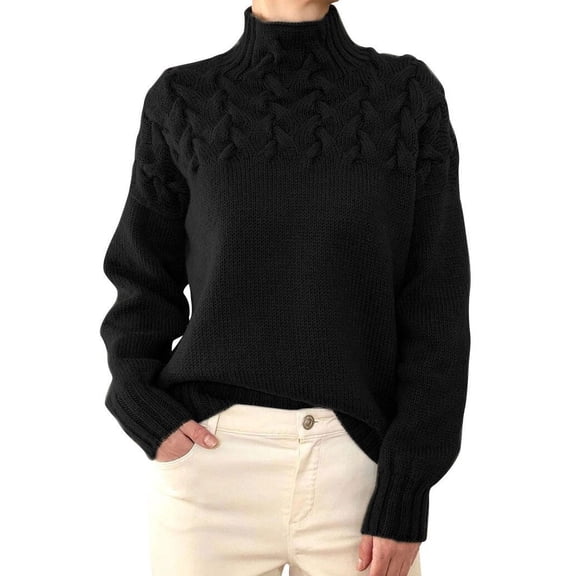 NFTOEIULA Women High Neck Long Sleeve Ribbed Edge Cable Knit Sweater