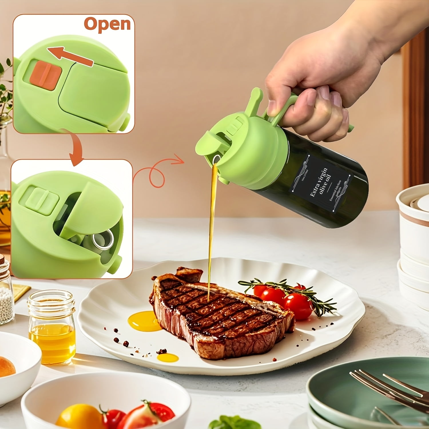 Oil Dispenser Bottle with Sprayer, 2 Pack 16 oz Dark Green Glass for Cooking BBQ