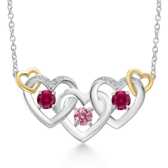 Gem Stone King 925 Silver and 10K Yellow Gold Pink Lab Grown Diamond Red Created Ruby Heart Shape Pendant Necklace for Women (0.81 Cttw, with 18 inch Chain)
