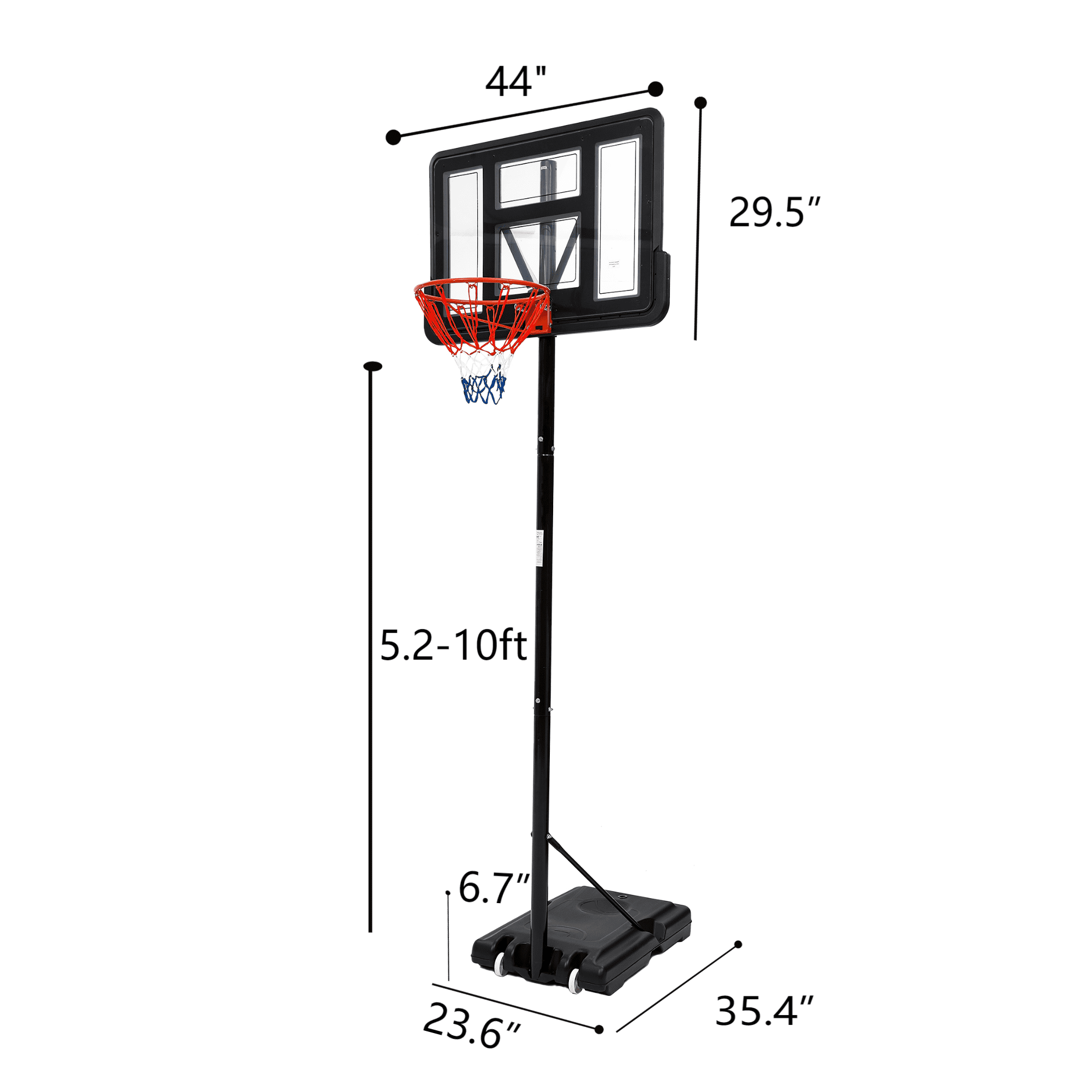 Basketball Hoop Outdoor Portable, 5-10ft Quickly Adjustable Basketball Goal System with 44 Inch PC Shatterproof Backboard & Wheels for Court/Backyard/Driveway
