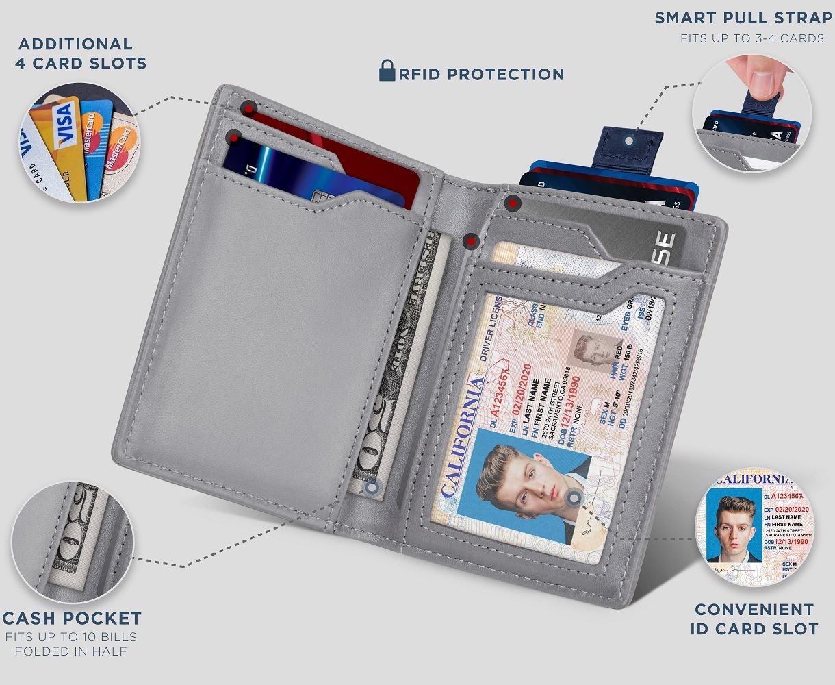 Billetera de viaje | Bloqueo RFID | Bifold delgada de cuero genuino | Minimalista fina | Carteras para bolsillo delantero para hombre | Billfold | Gris titanio 3