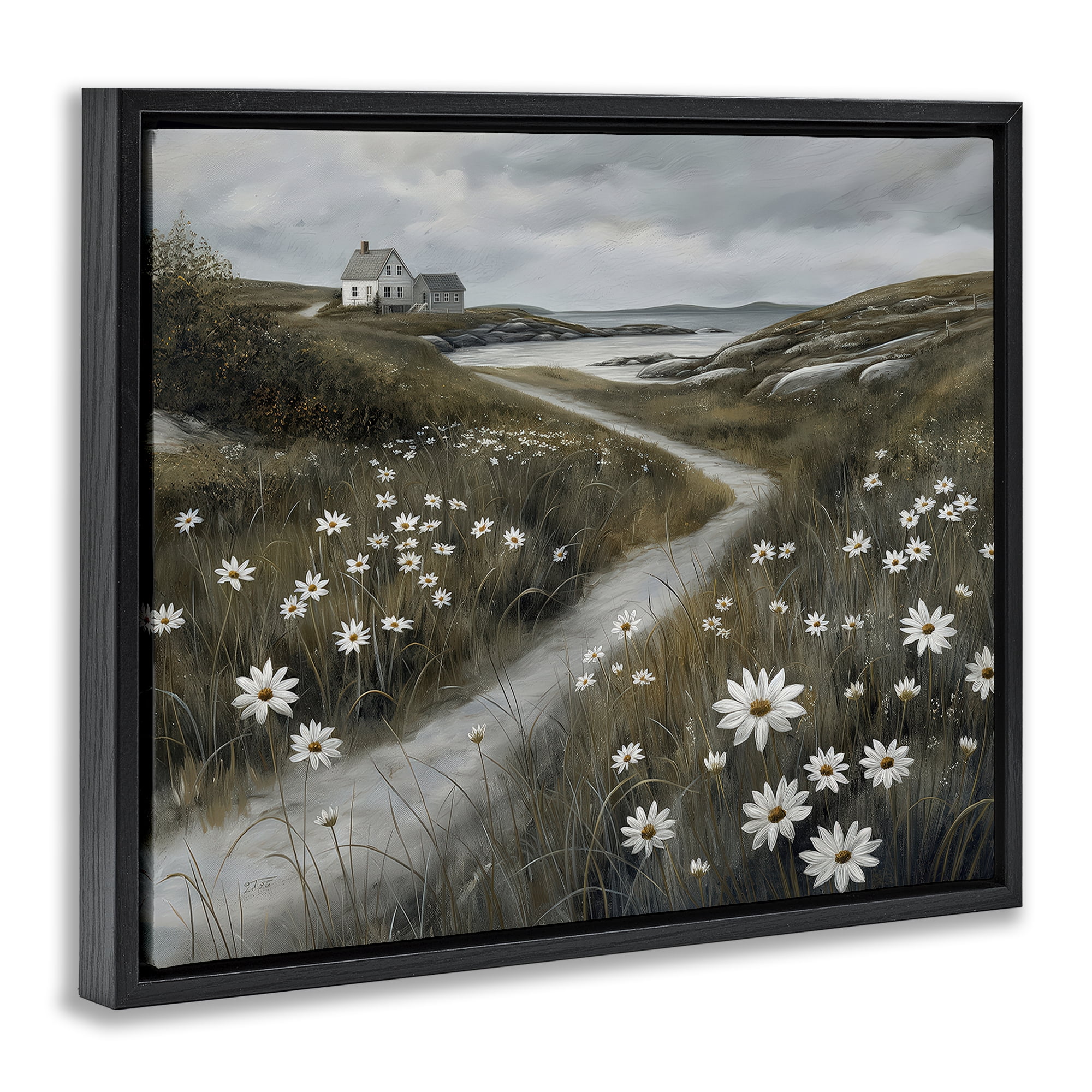 Stupell Industries Daisies Along Coastal Path Black Framed Floater Canvas Wall Art, design by Imagine It Images