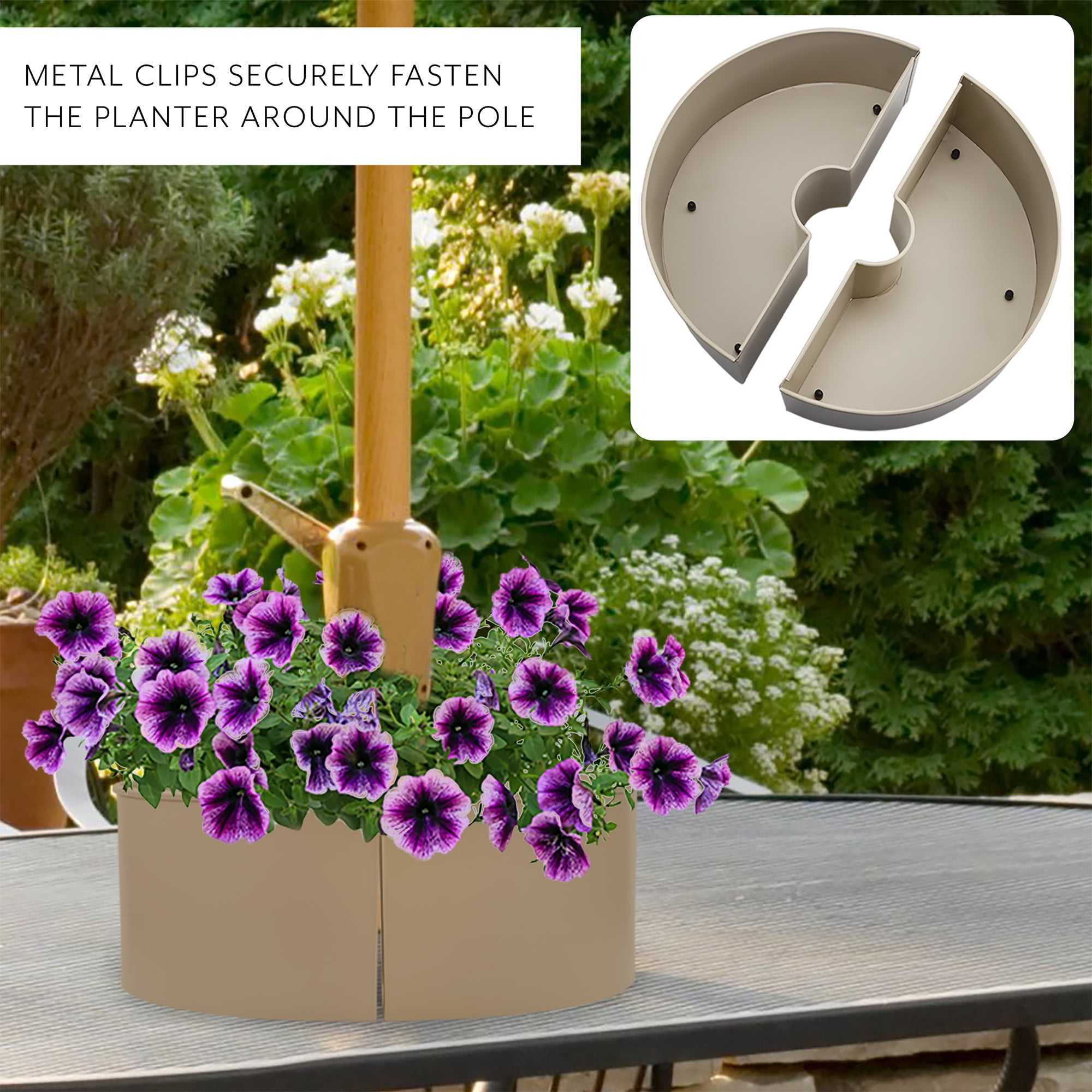 AuldHome Design Umbrella Planter for Patio Table (Beige / Greige), w/ Umbrella Hole, Enamelware Half-Circle Planter Pots
