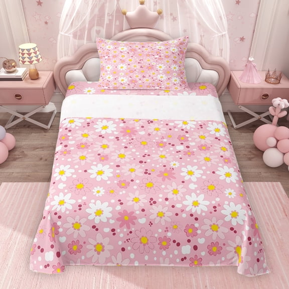 Erosebridal Cute Daisy Flower Twin Sheet Sets for Girls, Pink Bedding, 1 Flat Sheet 1 Fitted Sheet and 1 Pillowcase, 3pcs
