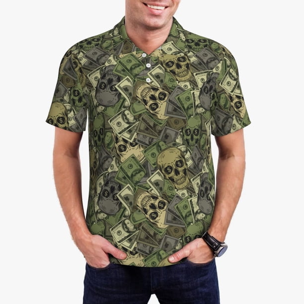 Balery Green Skulls Camisa Polo de Hombre con Estampado, de Manga Corta y Tejido Medio, Camisa Tipo Golf Polo-4X-Large