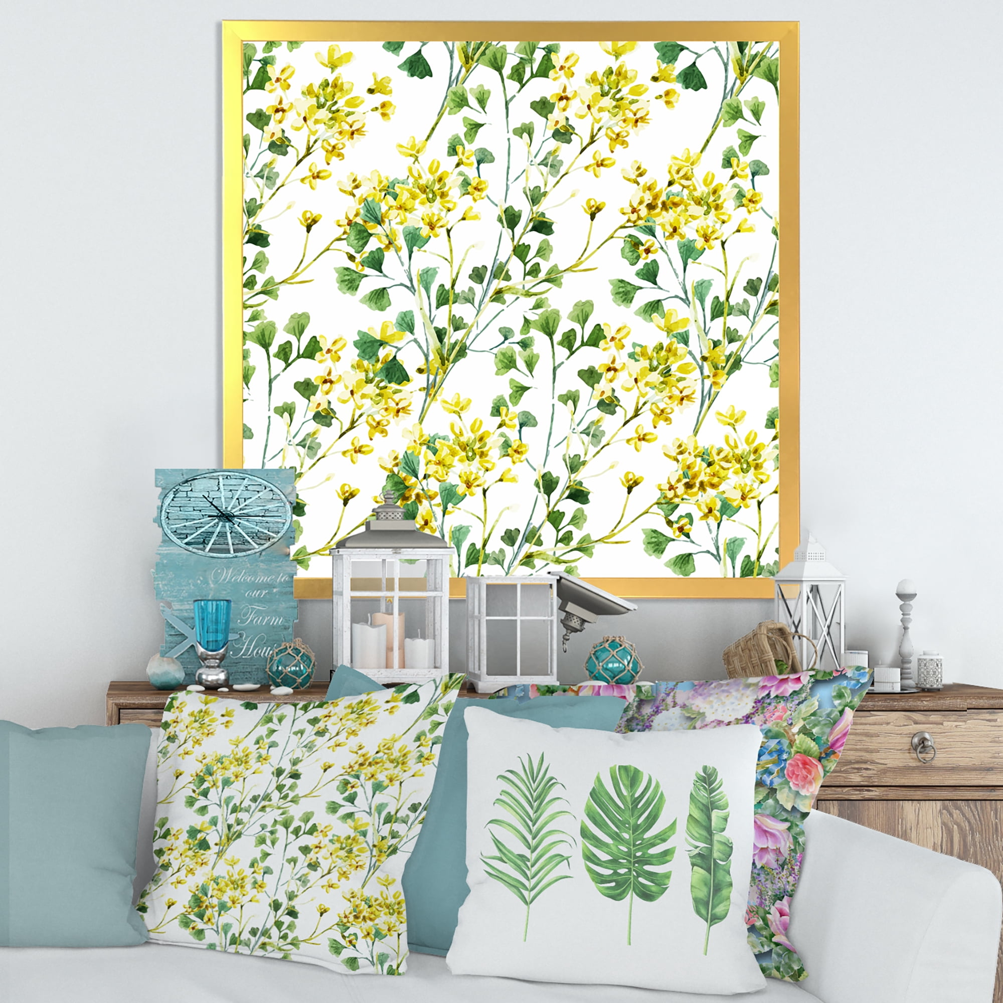 Designart 'Vibrant Yellow Summer Wildflowers On White' Traditional Framed Art Print