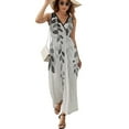 thumbnail image 2 of Grey Country Rustic Leaves Plant Womens Night Club Maxi Dress V Neck Sleeveless Bohemia Long Dresses, 2 of 9