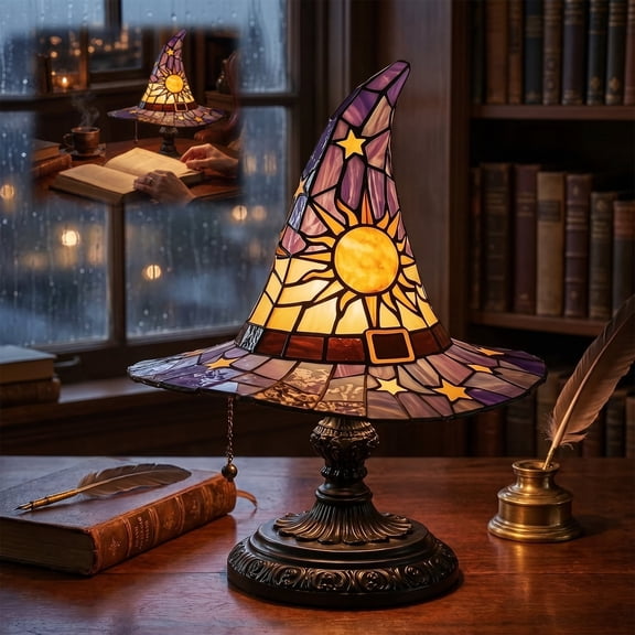 Halloween Decor, Halloween witch Lamp,Stained Glass Witch Hat Lamp, Halloween Table Decor Night Light, Gothic Resin Accent Lamp for Bedroom Bookshelf